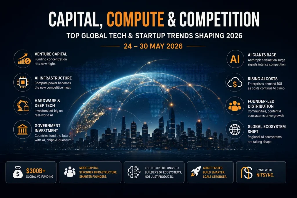 A visual breakdown of the biggest global technology and startup trends shaping 2026 — from venture capital concentration and AI infrastructure growth to deep-tech investment and founder-led ecosystems.
